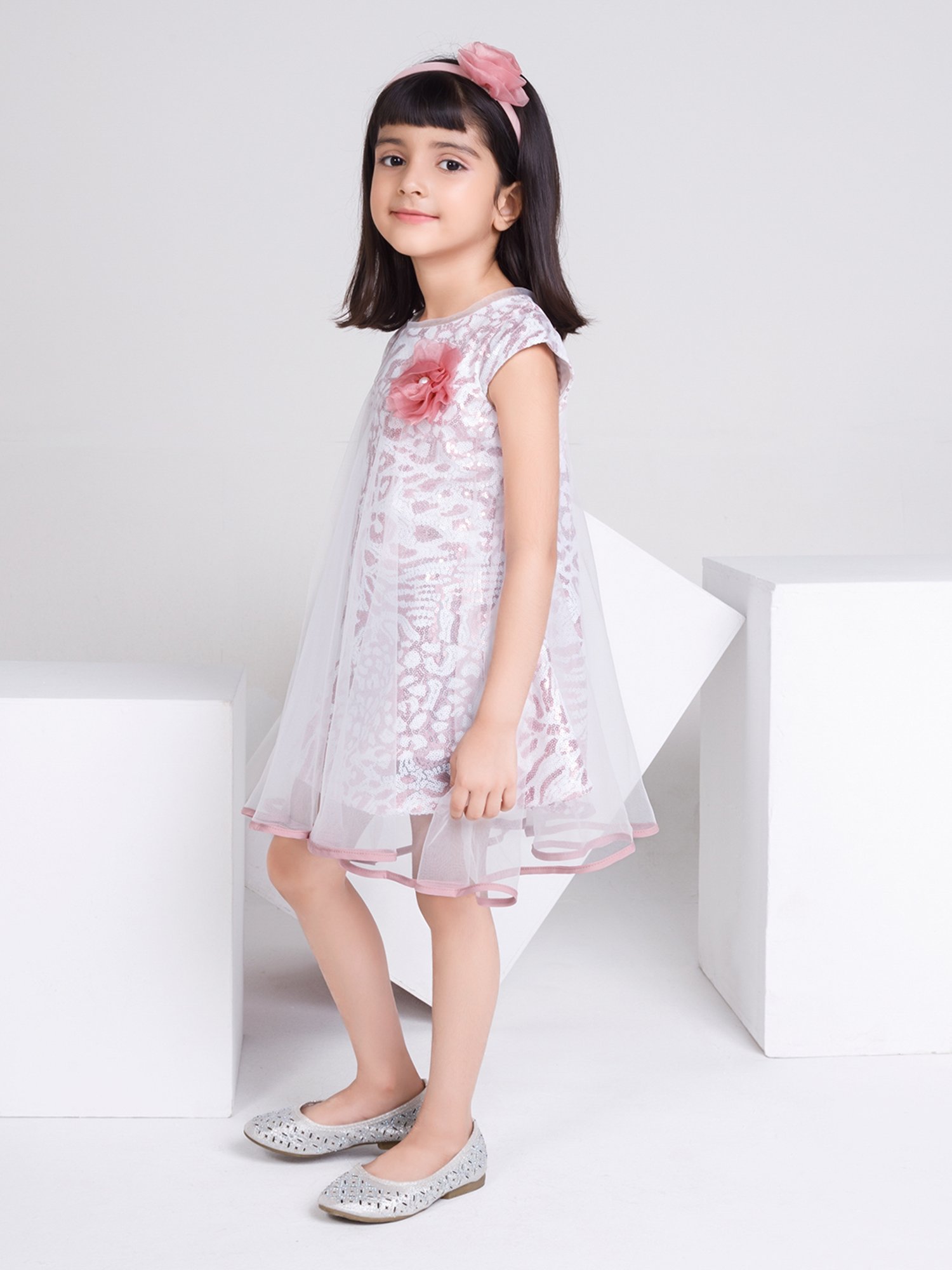 Peppermint Kids Mauve & White Embellished Dress