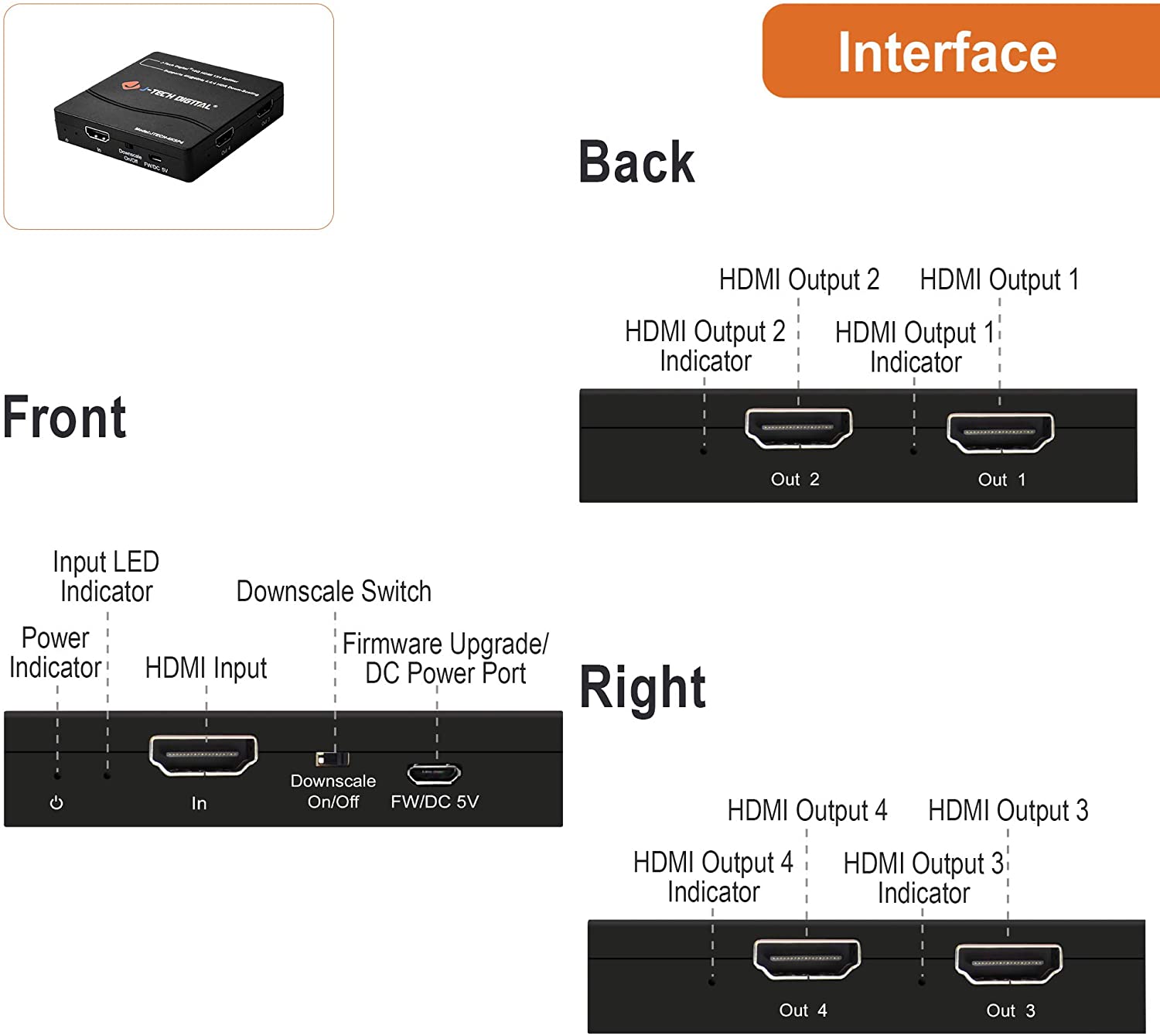 J-Tech Digital 4K60Hz 1X4 HDMI Splitter Supports Multi-Resolution Output 18GBps (JTECH-4KSP4)