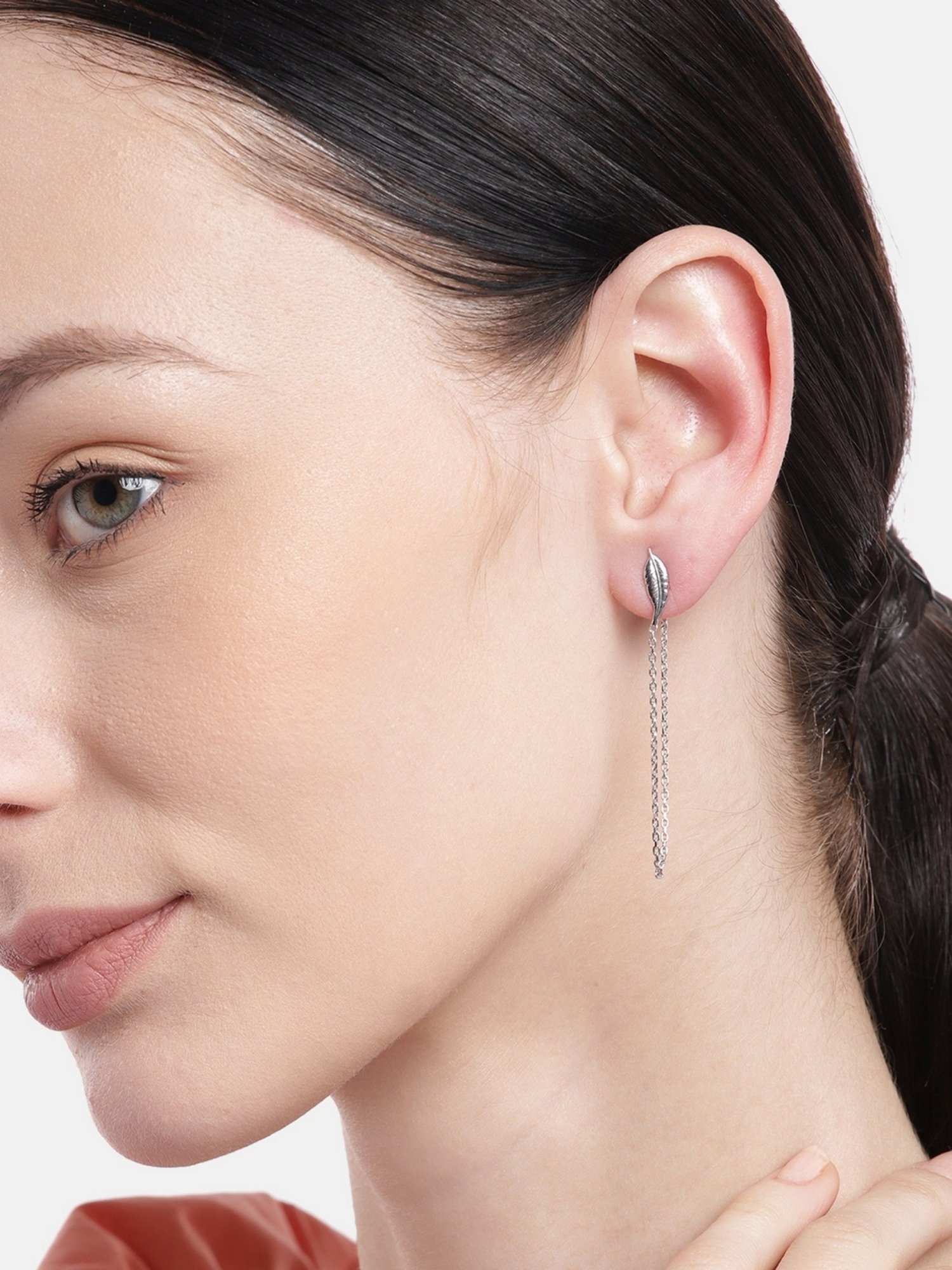 Zavya 92.5 Sterling Silver Nature's Elegance Rhodium-Plated Leaf & Chain Earring for Women