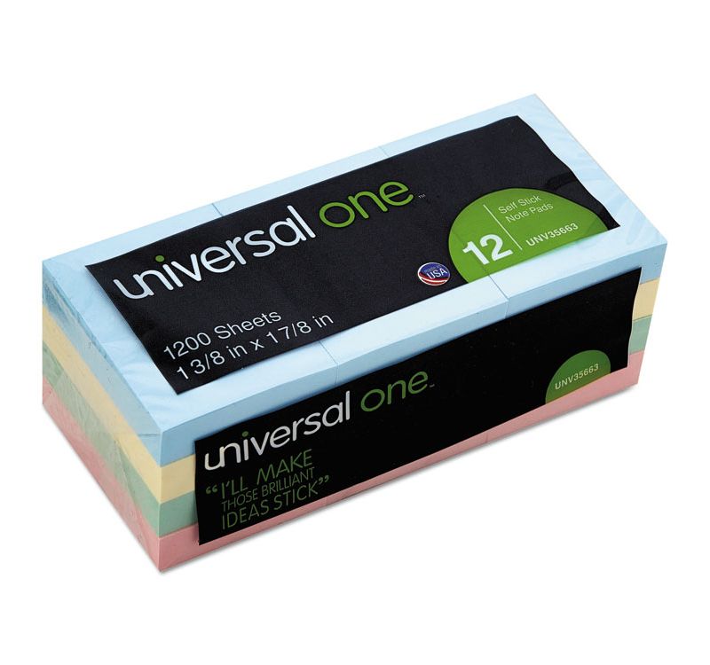 UNIVERSAL Self-Stick Notes 1-1/2 x 2 Assorted Pastel Colors 100-Sheet 12/Pack 35663