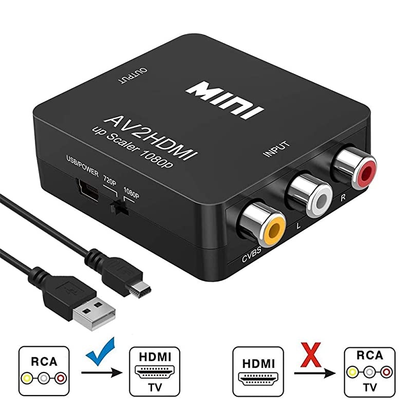 RCA to HDMI Converter,  1080P RCA Composite CVBS AV to HDMI Video Audio Converter Box for PS2 Wii Xbox VHS VCR Camera DVD Players, Support PAL/NTSC with USB Charge Cable (Black)