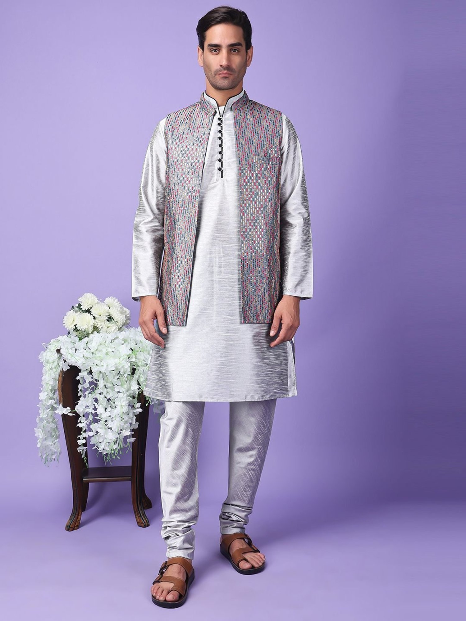 Hangup Grey Regular Fit Embroidered Kurta Set With Jacket