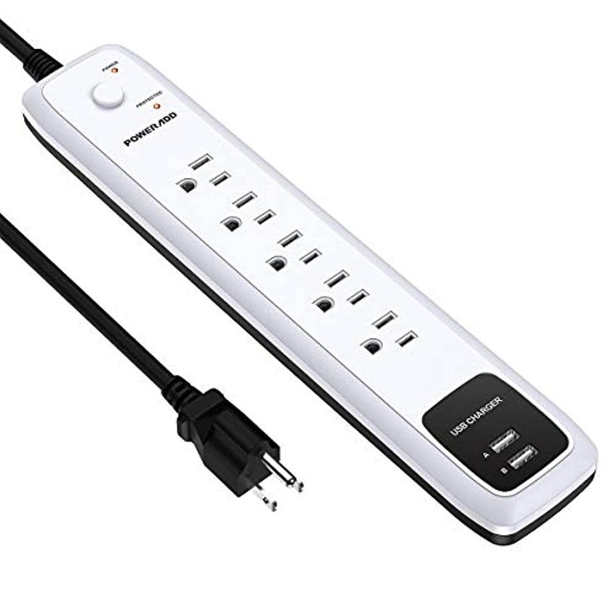 6Outlet + 2 USB 1050 Joule Surge Protector Power Strip with 25Ft Long Extension Cord White UL Listed