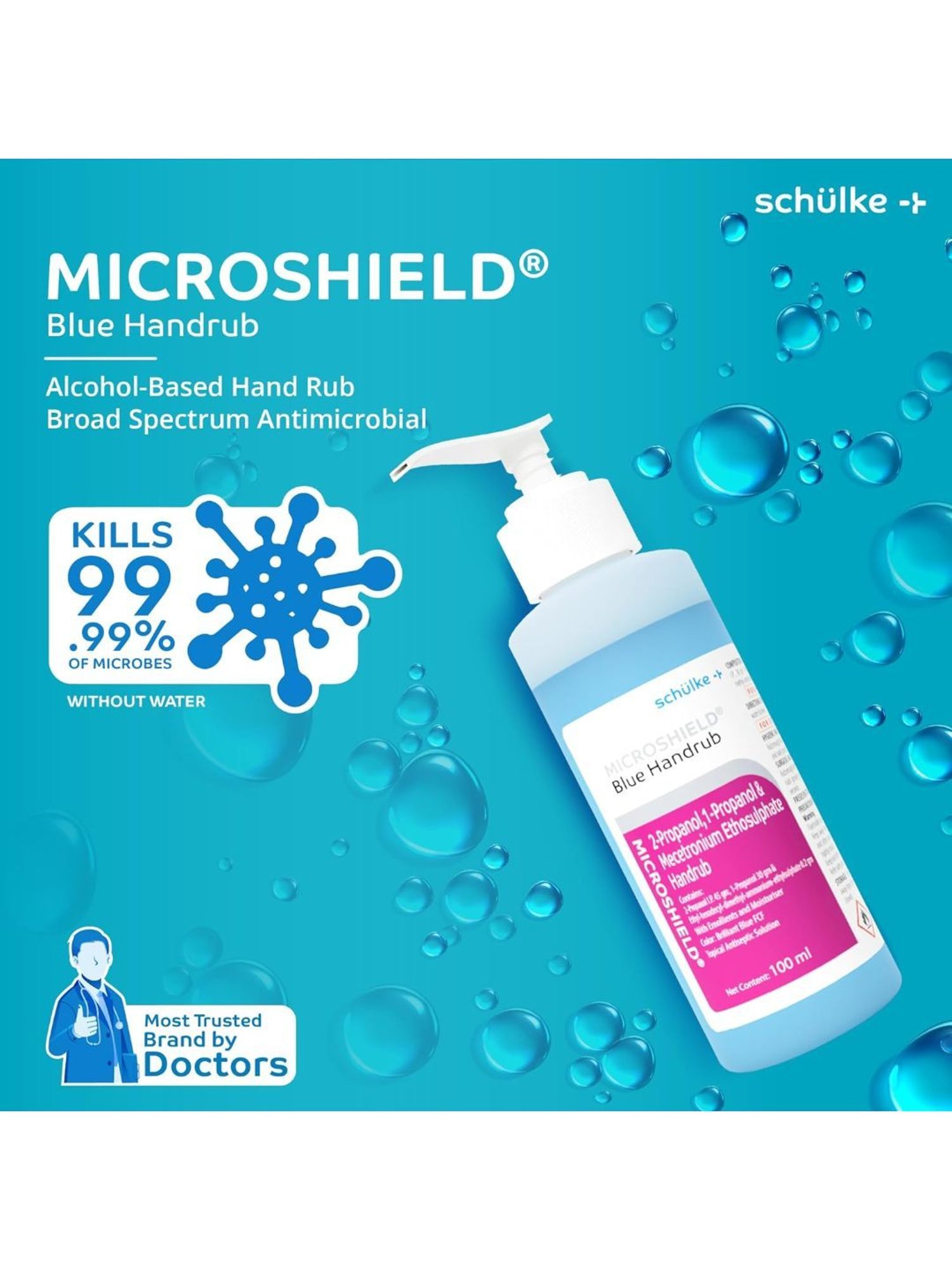 Microshield Handrub with 99.99 Percent Effective Against Germs, Skin Friendly 100ml Pack of 3 (Blue)