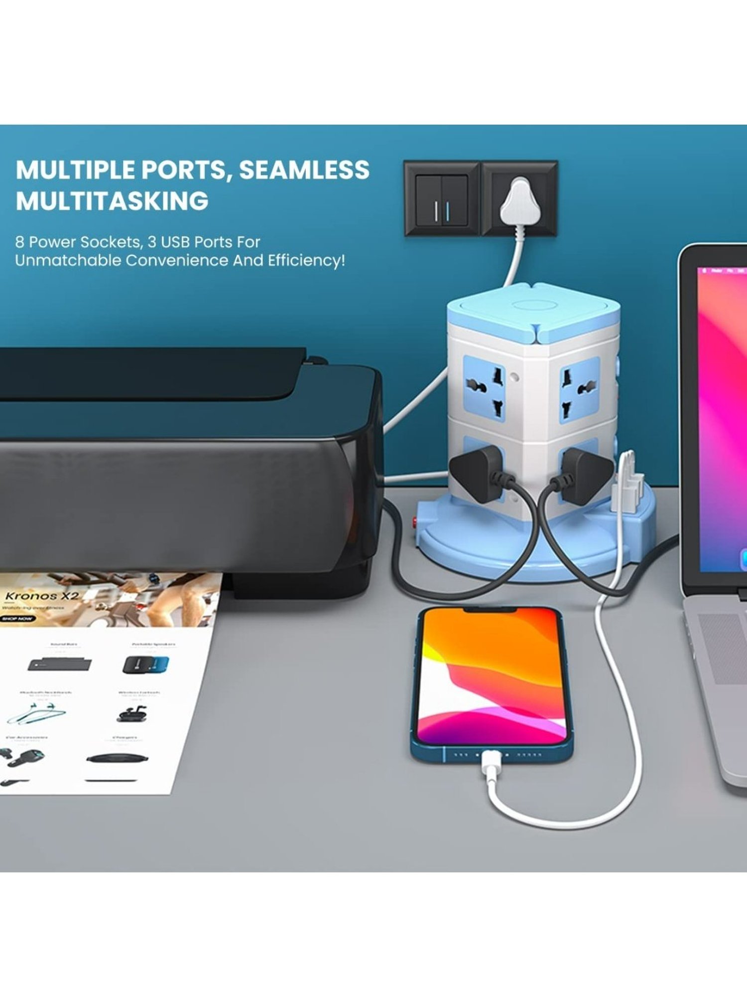 Portronics Power Plate 9 with 3 USB Ports, 8 Power Sockets 3M Cord Length (Blue)