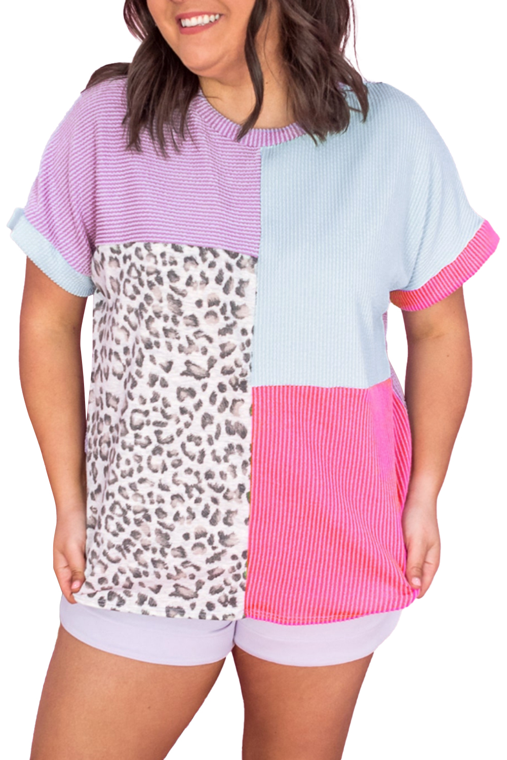 Rose Leopard Print V Neck Plus Size Tee