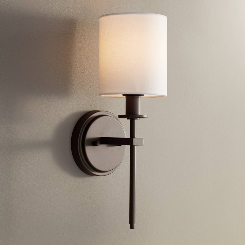 Barnes and Ivy Modern Swing Arm Wall Lamp Antique Brass Plug-In Light Fixture Taupe Fabric Bell Shade Bedroom Living Room Reading