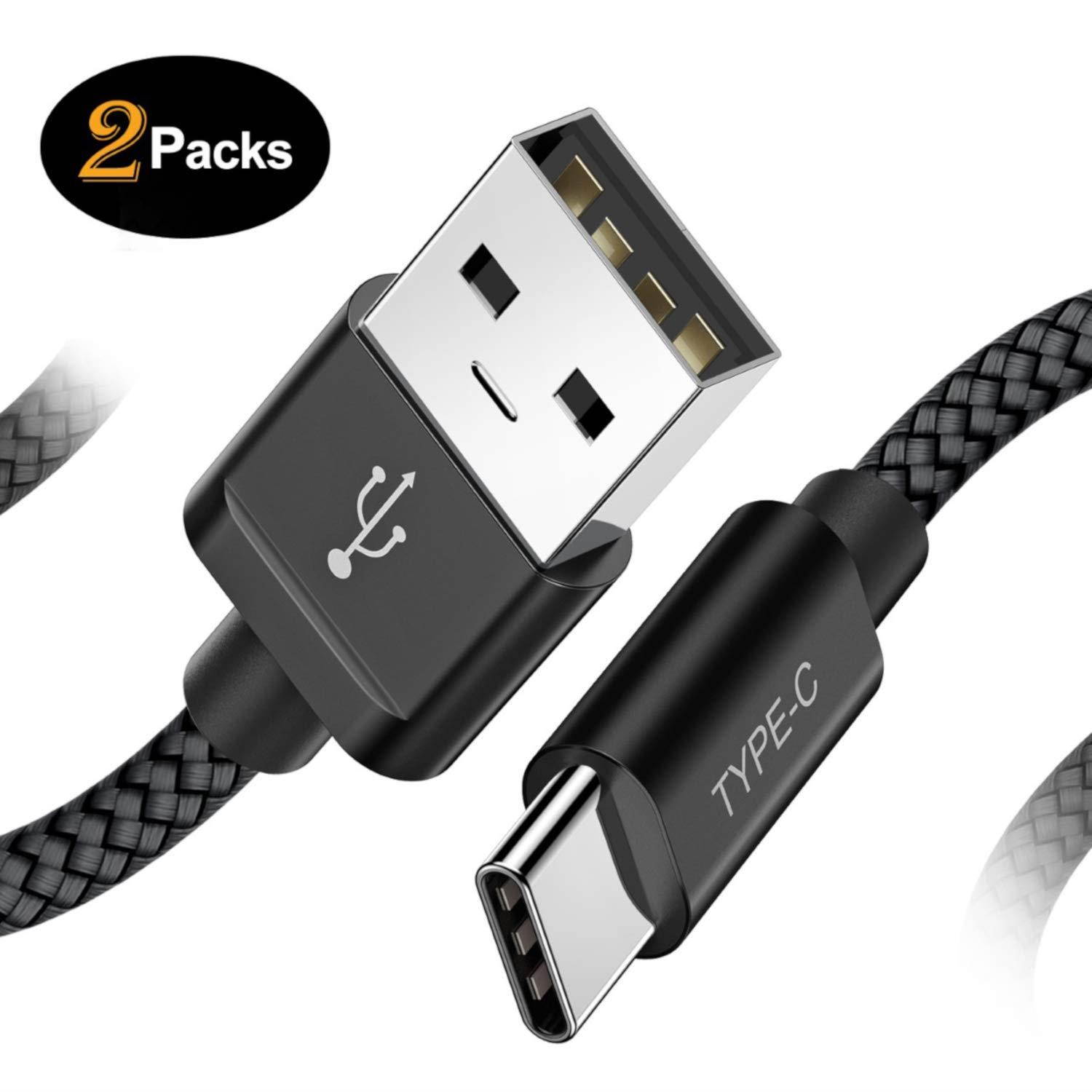 USB Type C Charger Cable 6.6FT,2-Packs,Basesailor Nylon Braided Charging Cord,Works with Samsung Galaxy Note 9 8 S8 S9 Plus,LG V40 V35 V30 G7 G6 Thinq,Google Pixel 3 2 XL,Moto Z3,ZTE Blade Zmax,Black