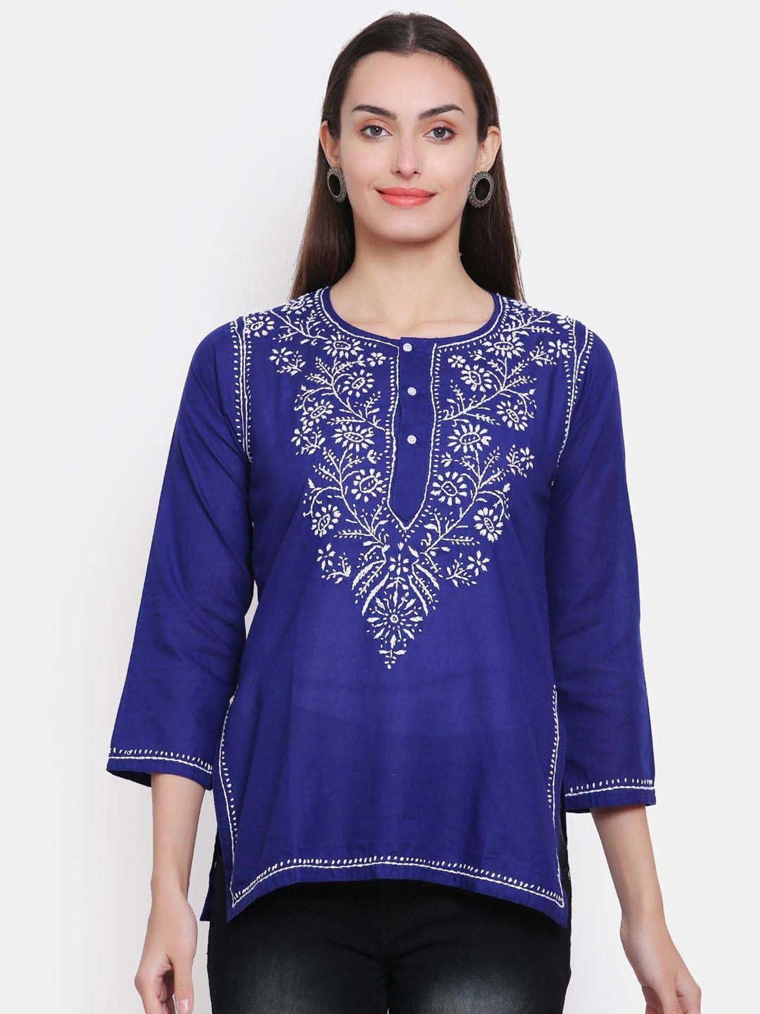 PARAMOUNT CHIKAN Midnight Blue Cotton Chikankari Straight Kurti