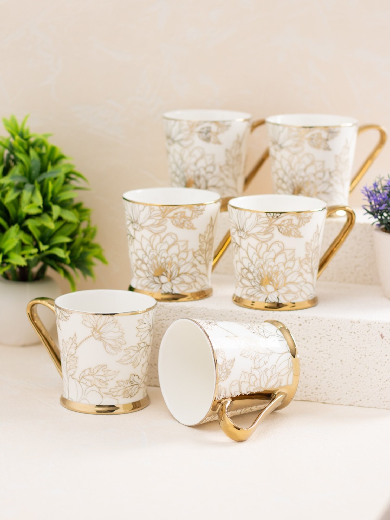 JCPL Printed Gold Ceramic Tea Cups- Set of 6 (200 ml each)