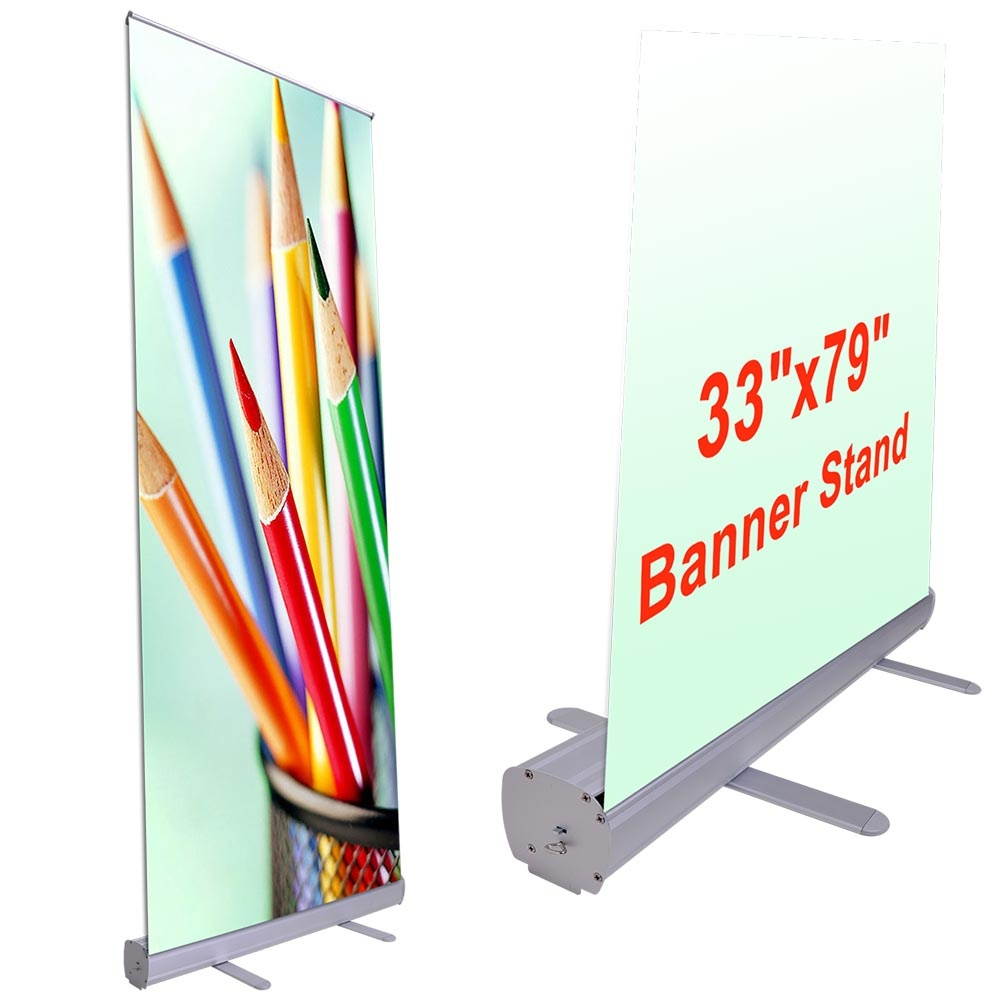 Aluminum 33x79" Retractable Roll Up Banner Stand LED Light Kit with Bag Trade Show Signage Display