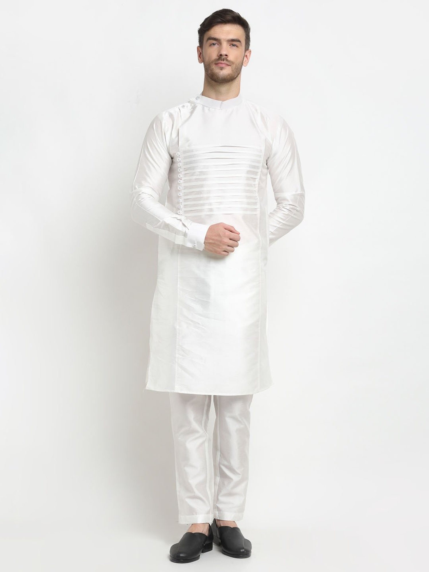 Benstoke White Regular Fit Mandarin Collar Long Kurta