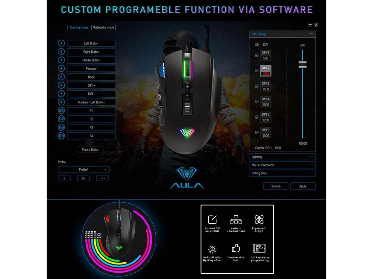 AULA H512 Gaming Mouse, RGB Breathing Backlit, 5000 dpi, 11 Keys Custom Programable, Custom Weight, Ergonomic Gaming USB Optical Mice, Gamer Desktop Laptop PC Wired Mouse, Black