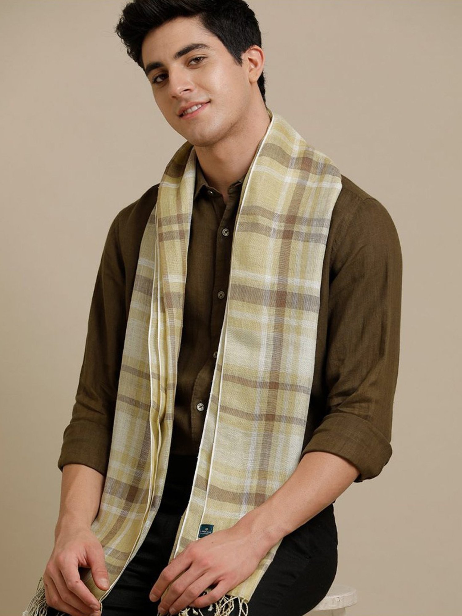 Linen Club Brown Checks Pure Linen Stole