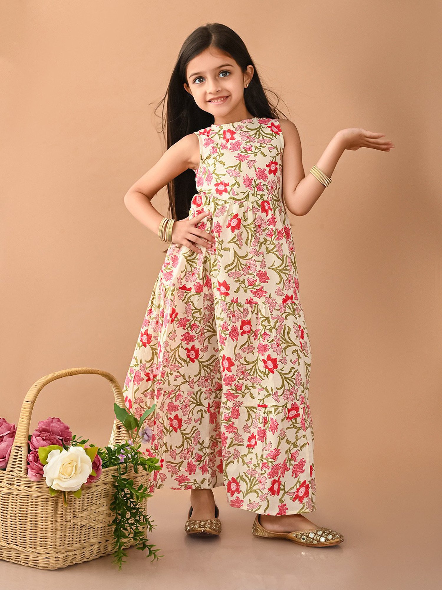 LilPicks Kids Beige Floral Print Maxi Dress