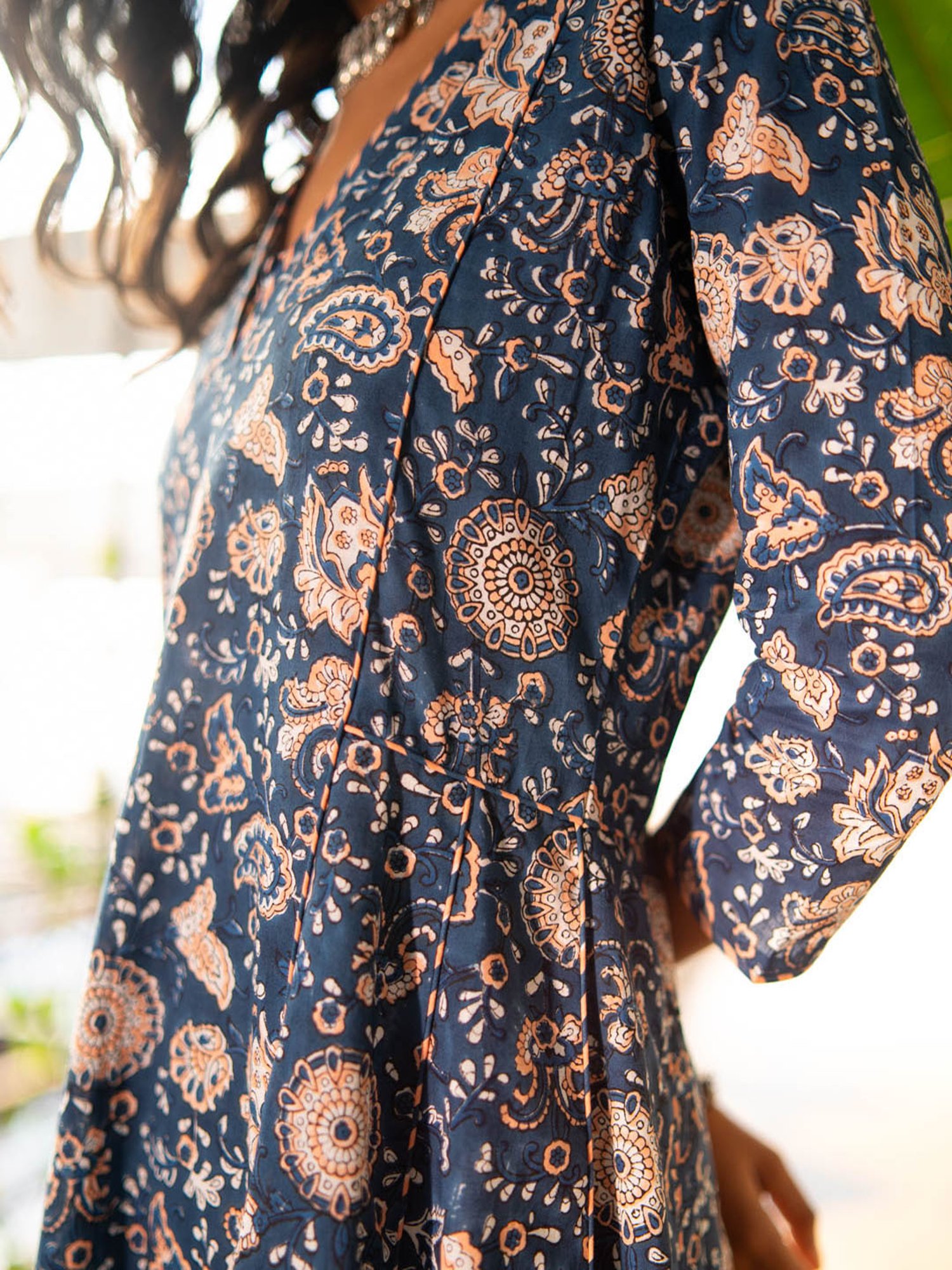 Akiso Blue Block Printed Anarkali Kurta Set With Hand Embroidery Details (Set Of 2)