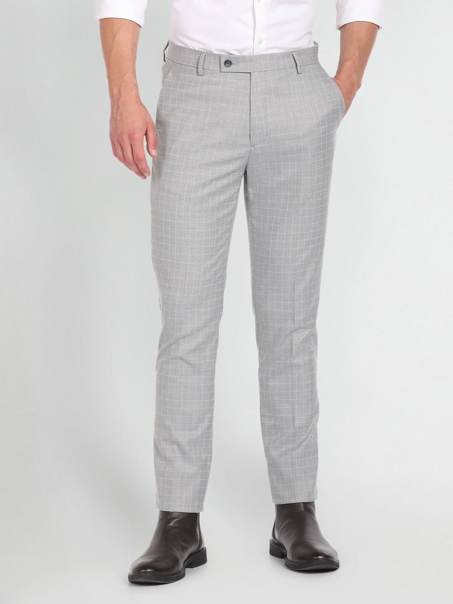 Arrow Grey Slim Fit Checks Trousers