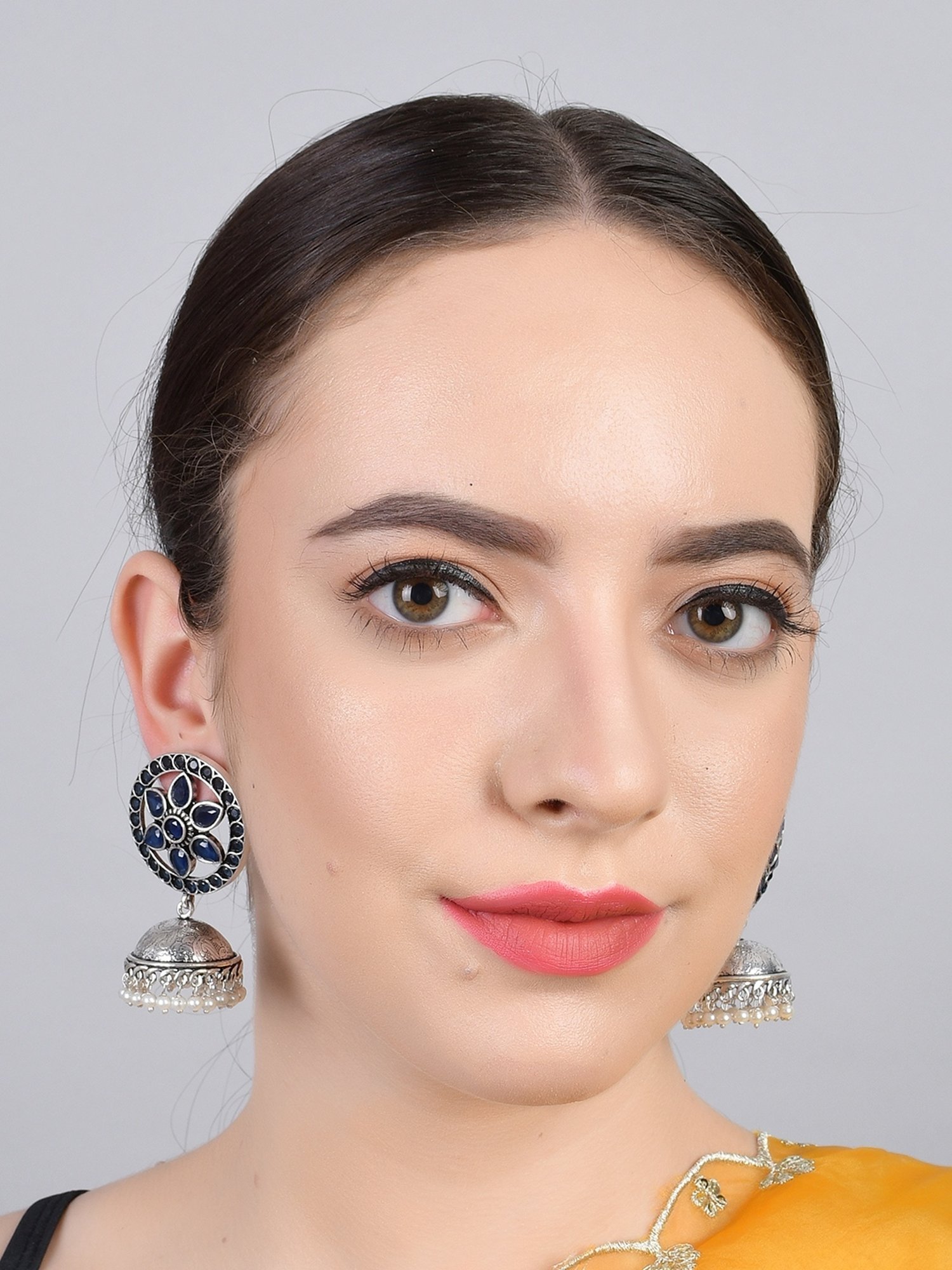 Imli Street Blue-White Silver Tone Stone-Studded Handcrafted Jhumki Earrings