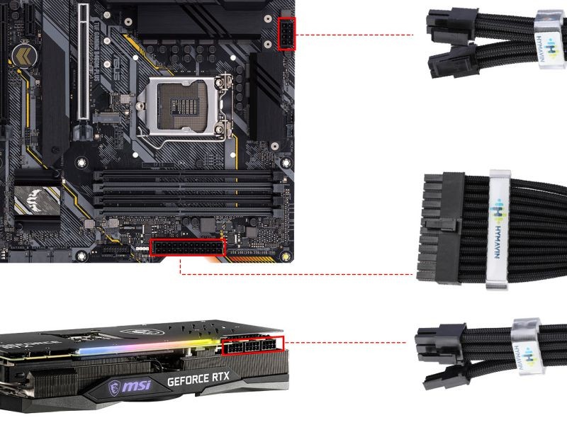 PSU Extension cable,HYMAVIN PSU Sleeved Cable, 16AWG White Braided ATX EPS PCI-E Extension Cable Kit with Combs for CPU GPU Power Supply Unit 30CM,4 + 4 pin, 6 + 2 pin, 24 pin ATX extension,White