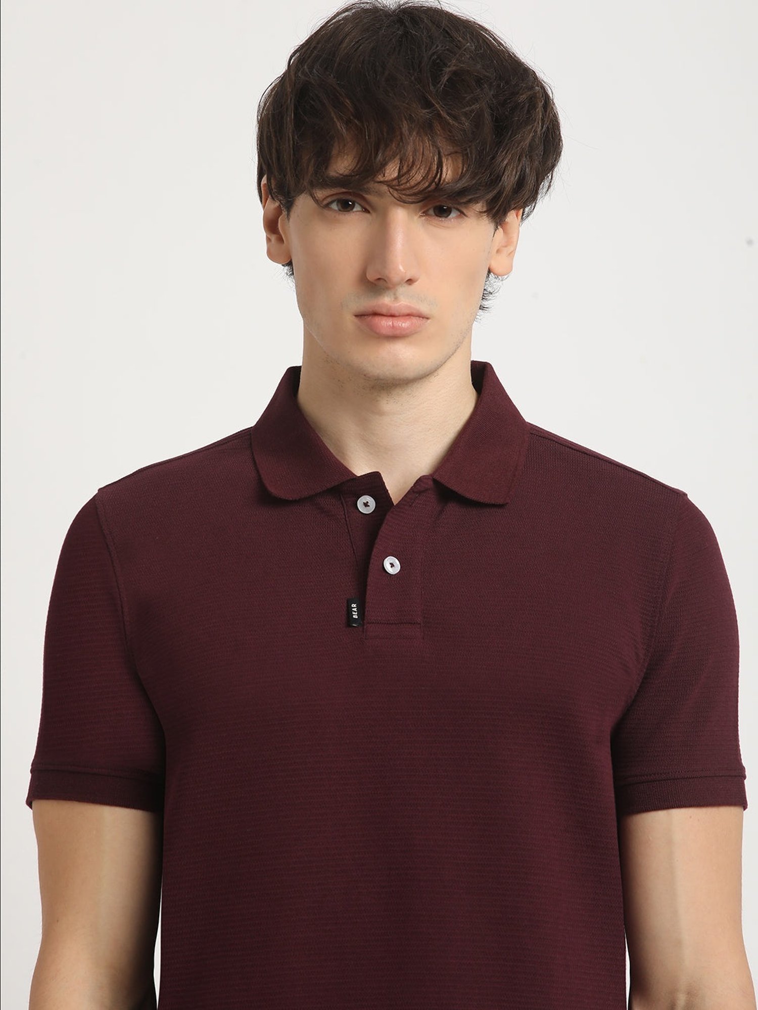 The Bear House Maroon Cotton Regular Fit Self Pattern Polo T-Shirt