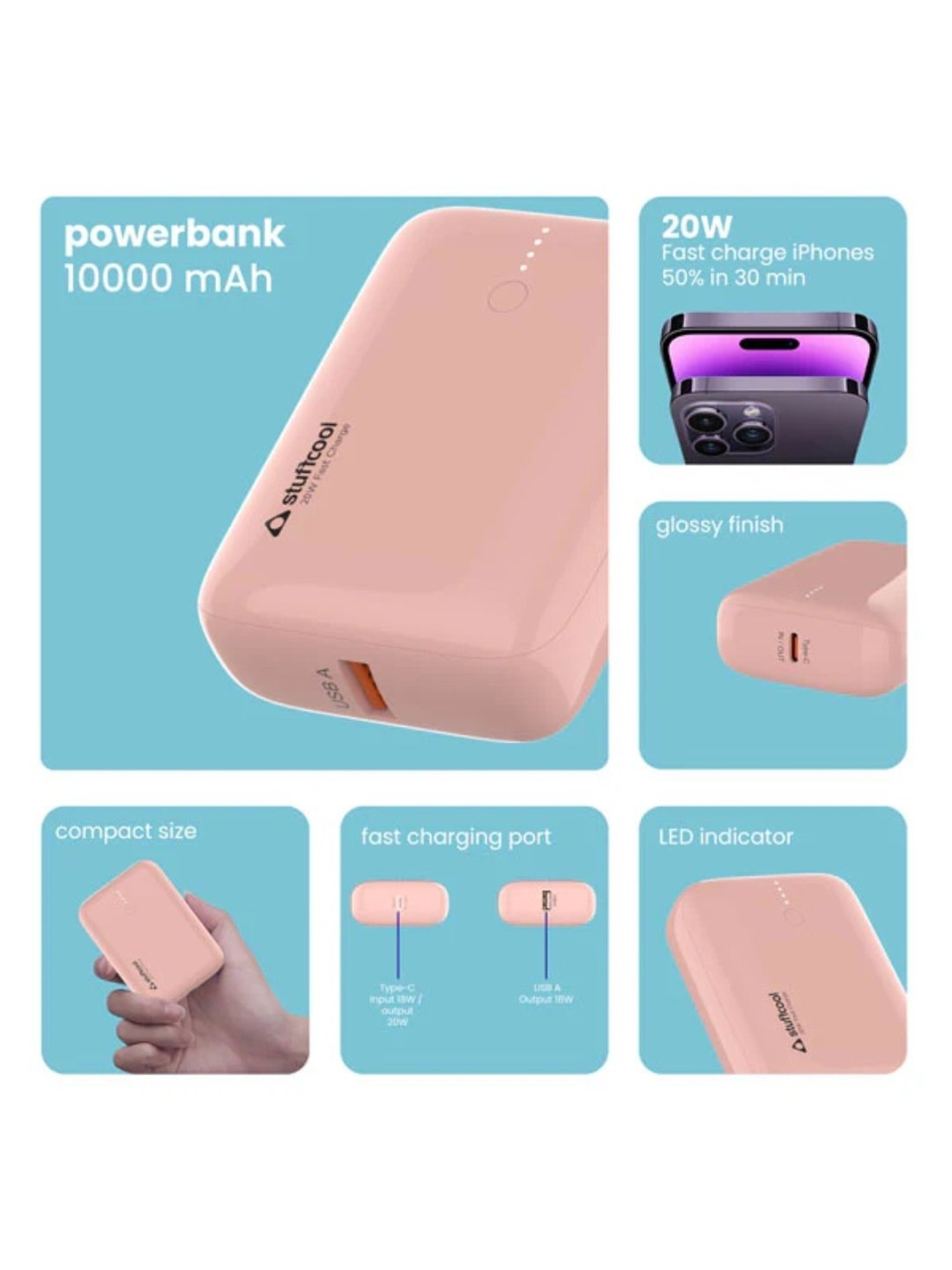 Stuffcool Palm Smallest 10000mAh PD20W Type C Powerbank (Pink)