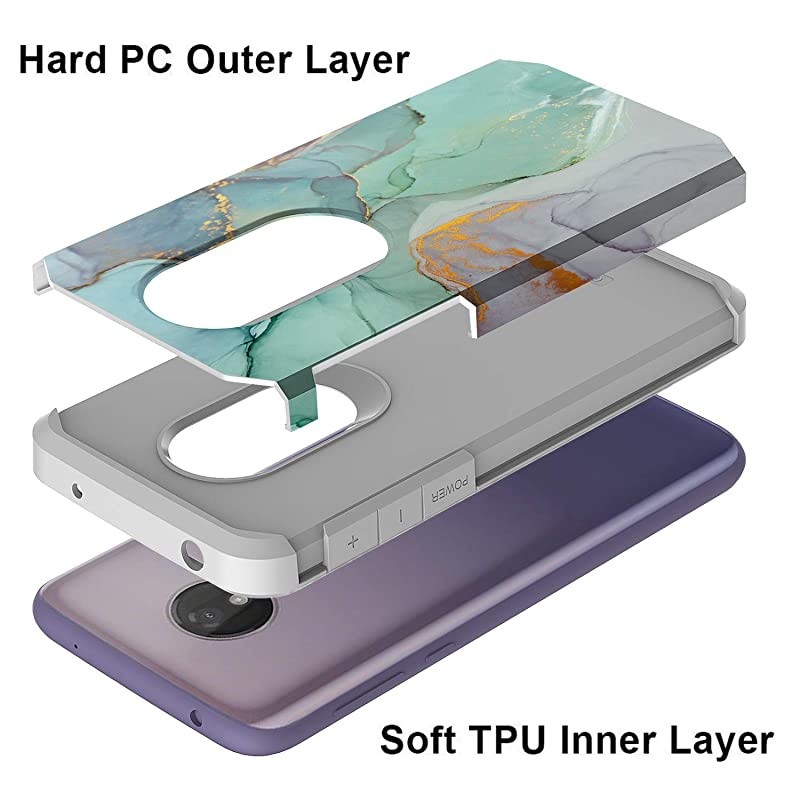 for Moto G7 Power Case, Moto G7 Supra Case, Hybrid Drop Protection Sleek Slim Dual Layer Shockproof Colorful Graphic Armor Case for LG Moto G7 Power/Supra (Green Marble)