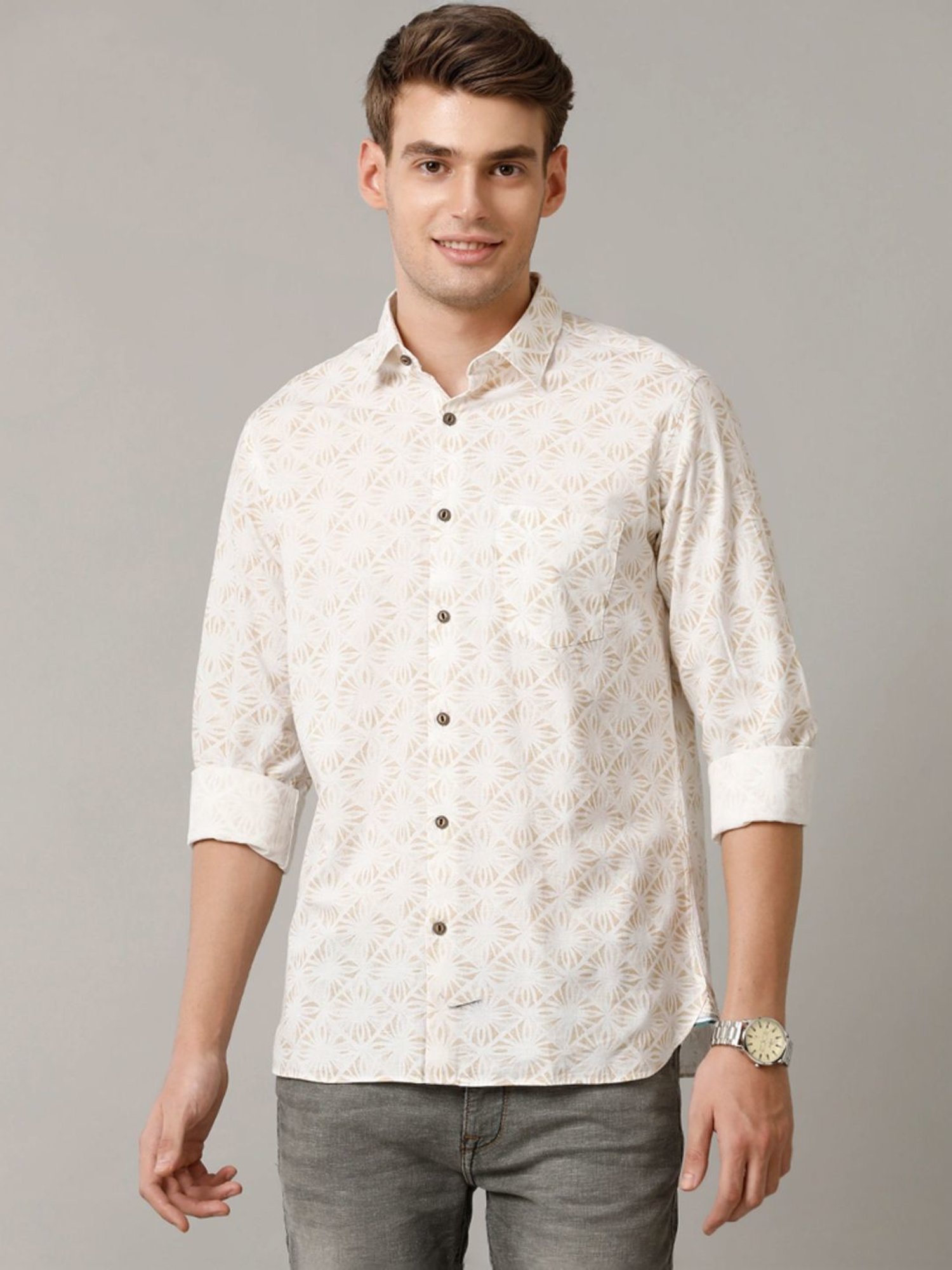 Cavallo By Linen Club Brown Linen Contemporary Fit Printed Shirt