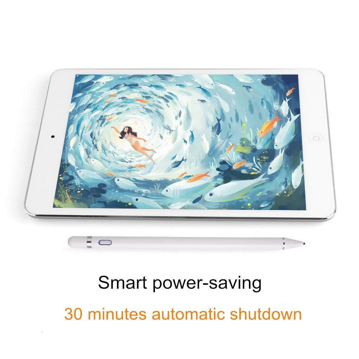 Stylus Pen for Touch Screens, Rechargeable 1.5mm Fine Point Smart Pencil Active Stylus Digital Pen Compatible with iPad and Most Tablet by Mikicat (White)