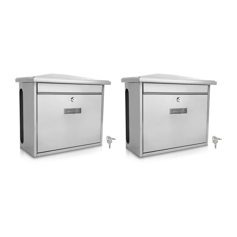 SereneLife SLMAB08 Home Indoor Outdoor Galvanized Steel Metal Wall Mount Secure Locking Mailbox Magazine Newspaper Holder with Keys, Silver (2 Pack)