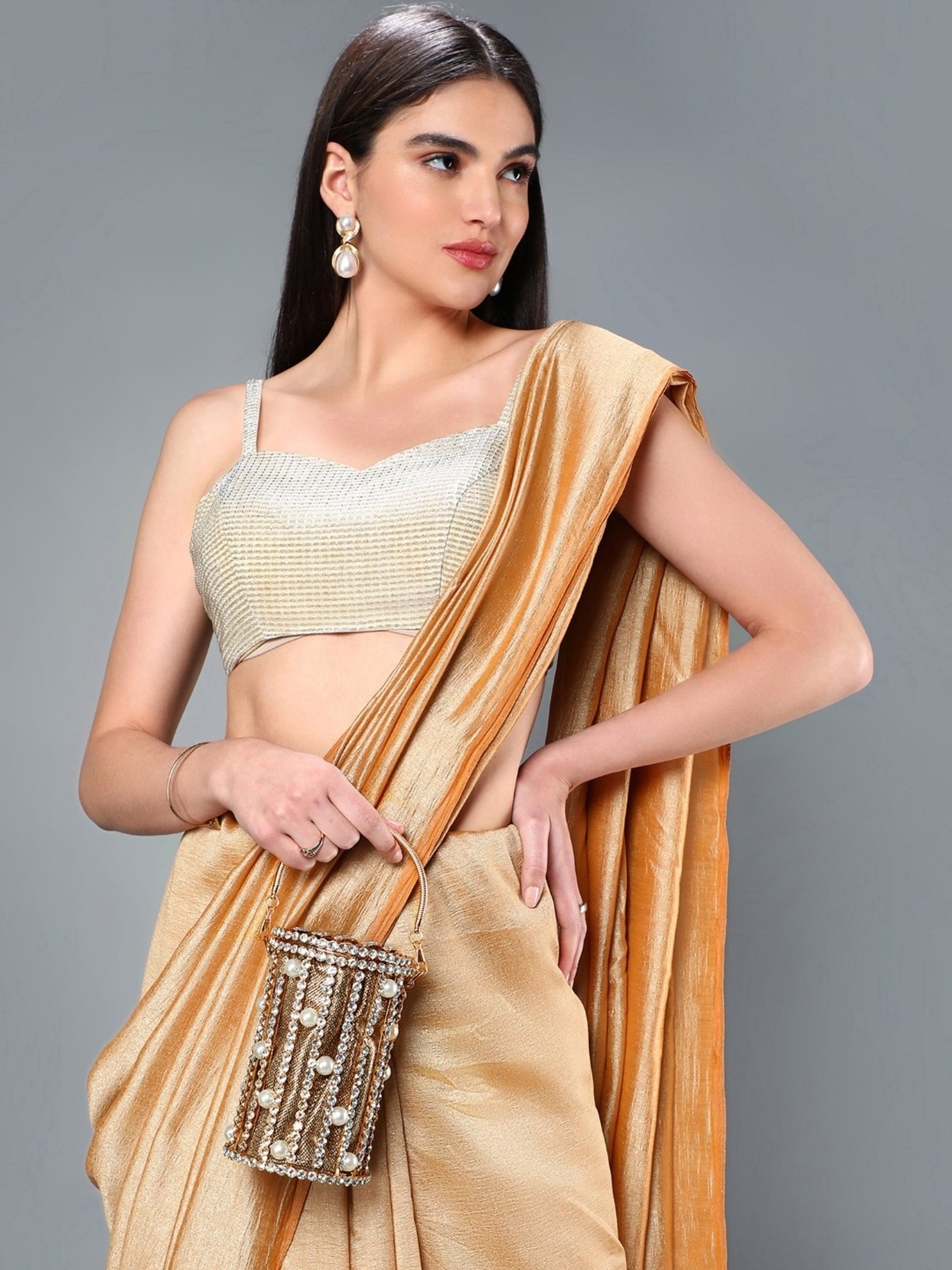 SASSORA IVORY Gold Leather Embellished Handbag