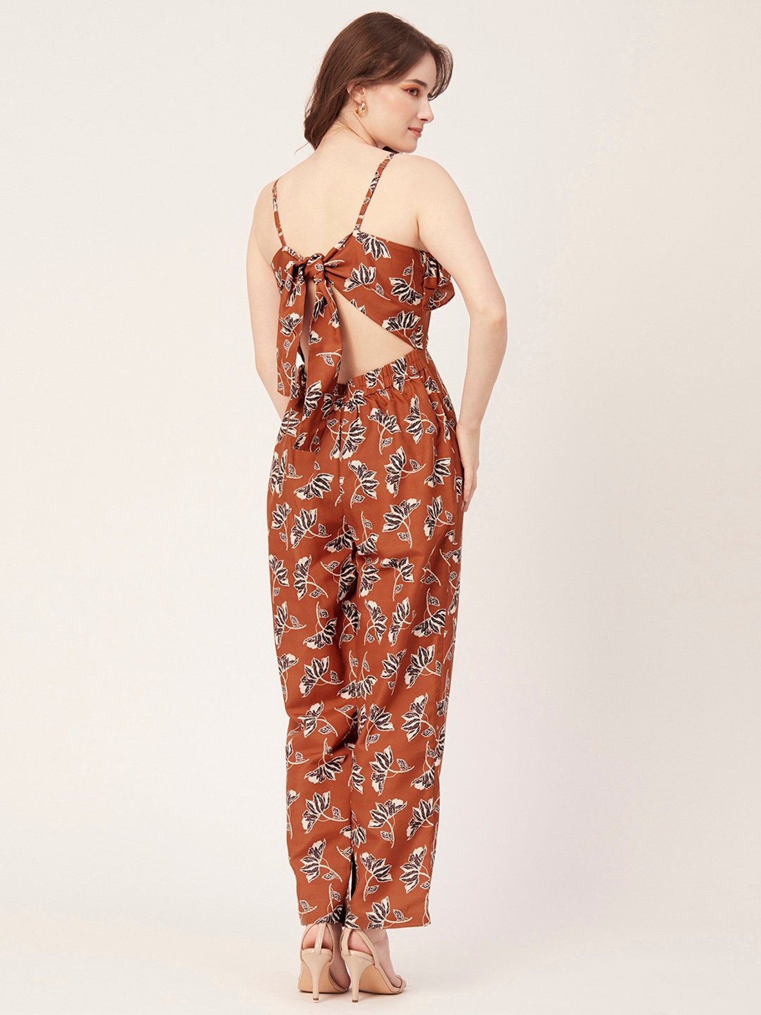 Moomaya Rust Floral Print Jumpsuit
