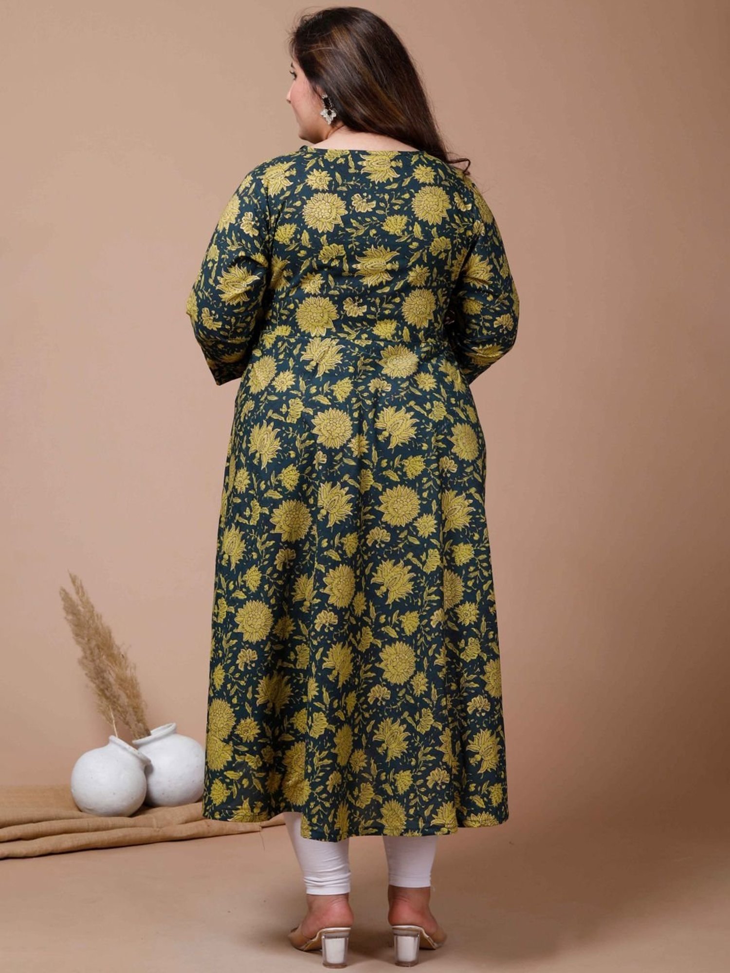 Miravan Green Cotton Floral Print A Line Kurta With Dupatta