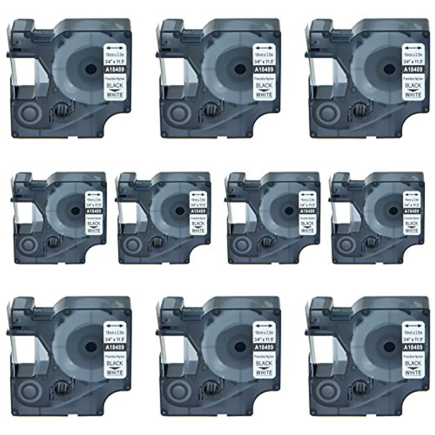 SuperInk 10 Pack Label Tape Compatible for Dymo 18489 Black on White 3/4'' 19mm x 11.5ft 3.5m Industrial Flexible Nylon Wires Tapes Work in Rhino 3000 4200 5200 6000 3M PL200 PL3 (ZJDY1848910PK/CA123)