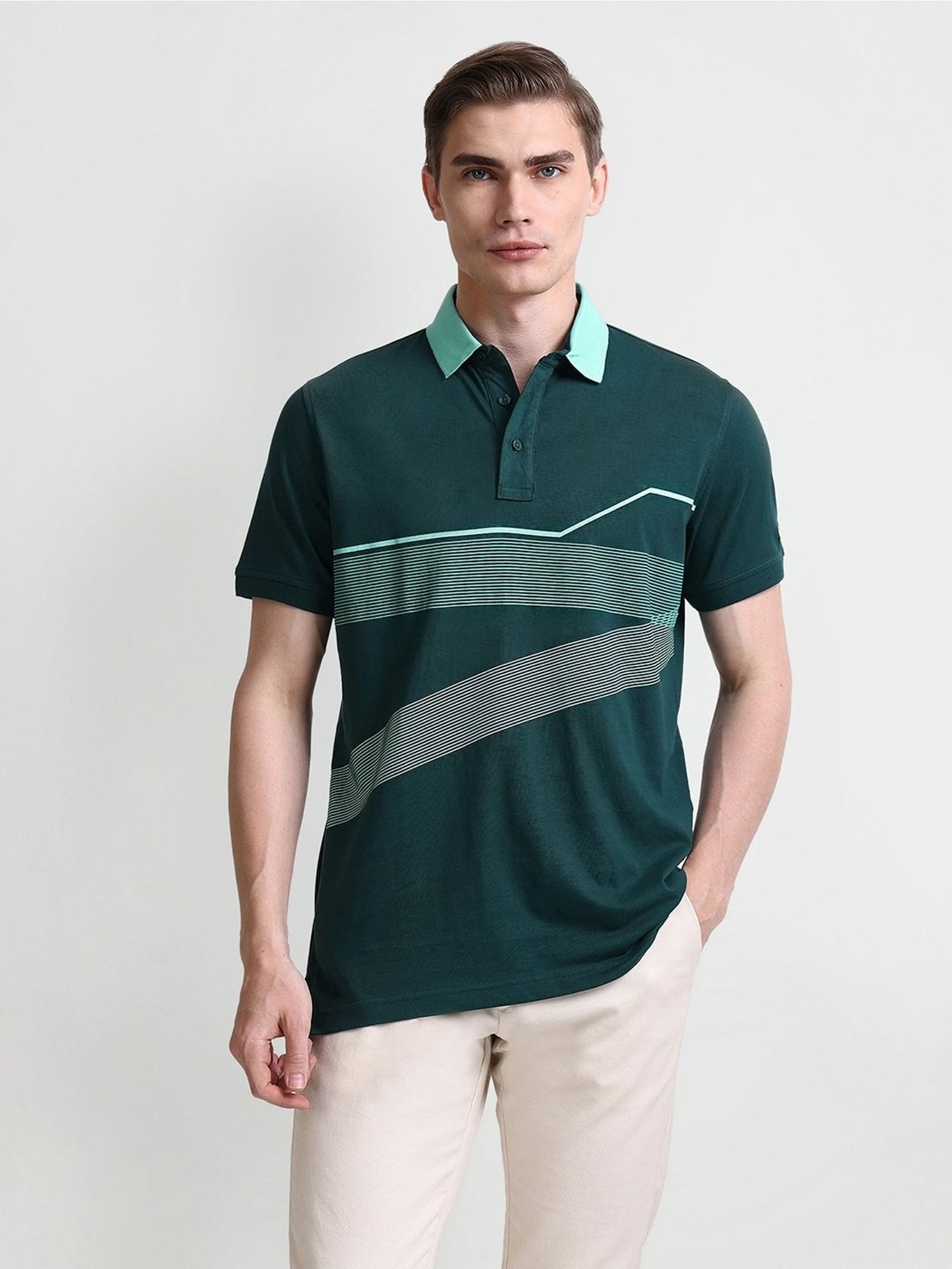 Arrow Green Cotton Regular fit Stripes Polo T-Shirt