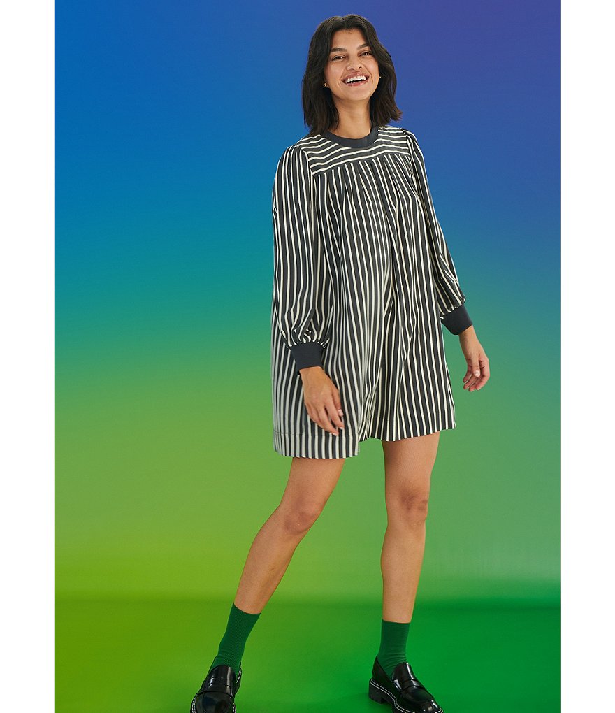 LDT Falon Long Sleeve Crew Neck Pleated Swing Dress