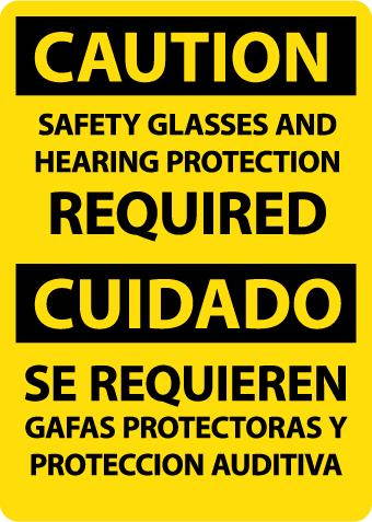 NMC ESC718AB-CAUTION, SAFETY GLASSES AND HEARING PROTECTION REQUIRED, BILINGUAL, 14X10, .040 ALUM (1 EACH)