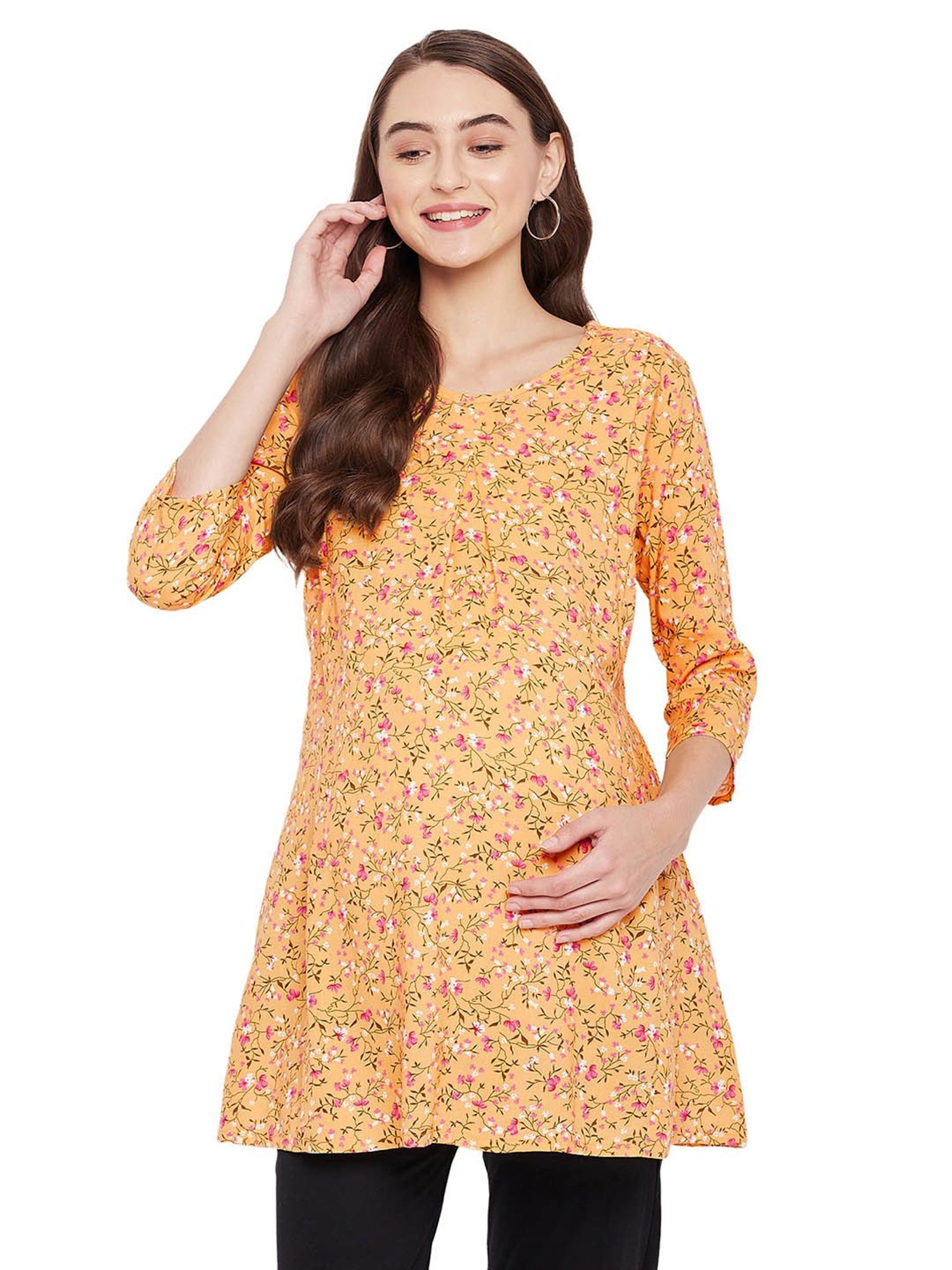 Hypernation Yellow Rayon Floral Print Maternity Top