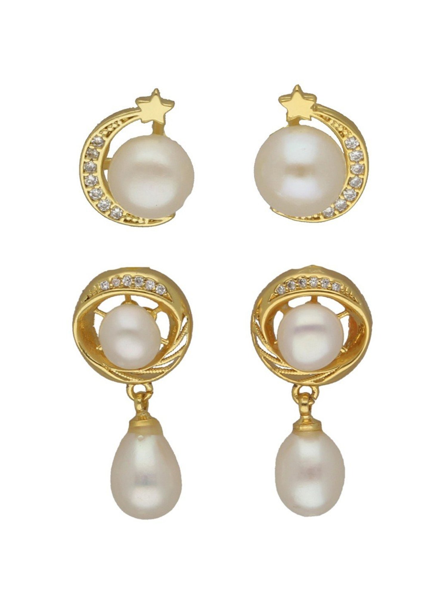Sri Jagdamba Pearls Charm Round Pearl Stud & Drop Earrings - Set of 2