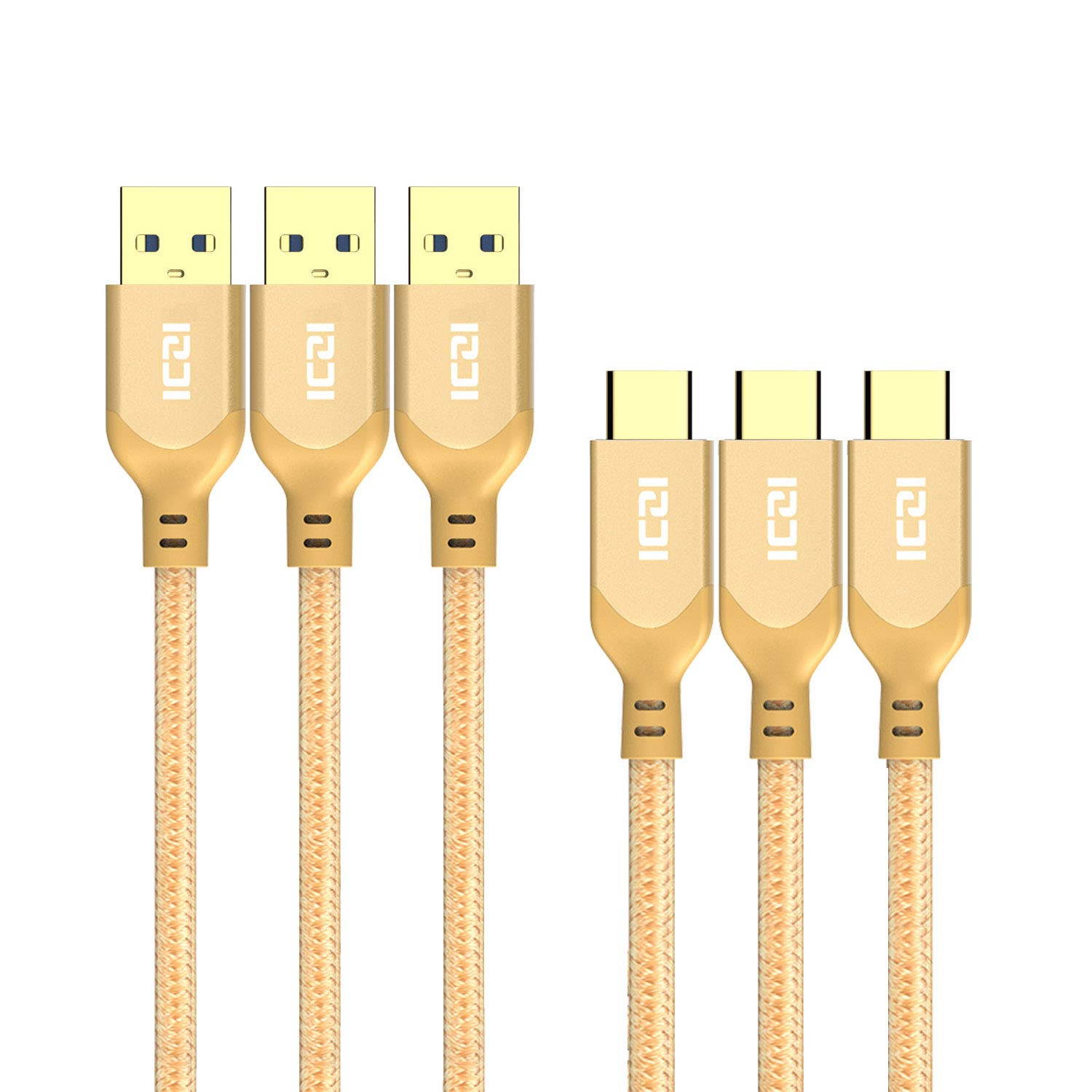 USB C Cable 3FT, ICZI USB C Cable 3 Pack USB C to USB 3.0 Cable Fast Charge Braided Cord for Samsung S9/S8, Huawei Mate 20/10, LG and More -Bright Gold