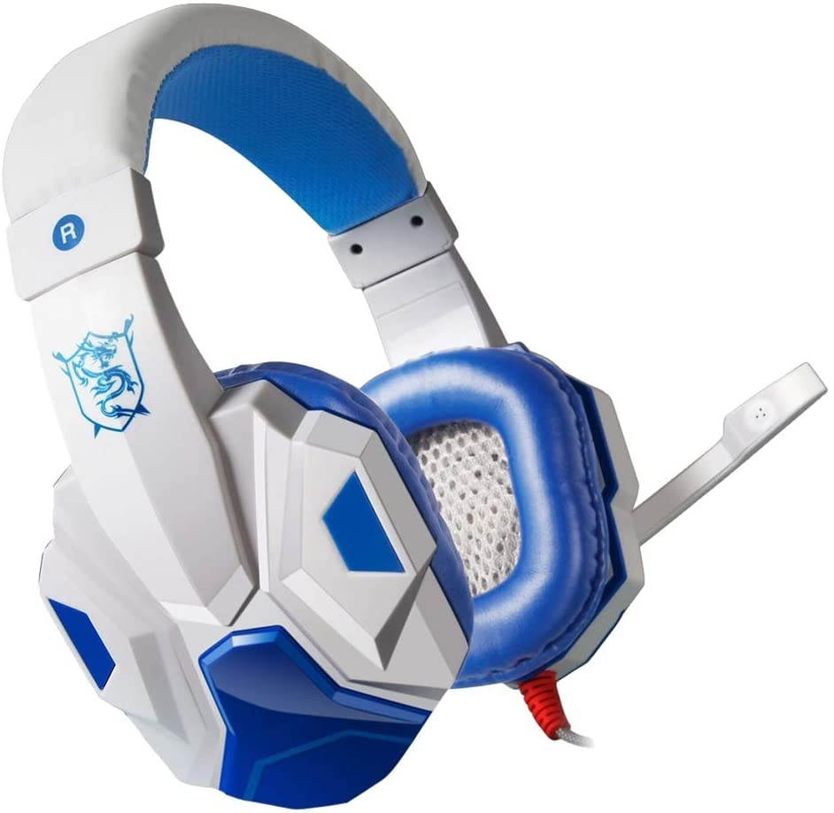 MagiDeal Noise Cancelling Mic Over Ears Gaming Headphones with Mic Stereo for Gamer - White and Blue