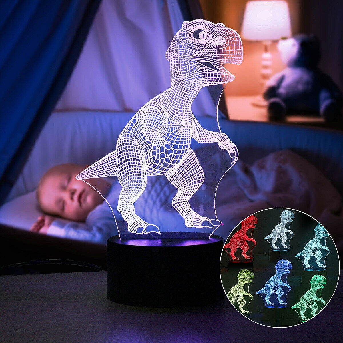 3D Dinosaur USB 7 Color Change LED Night Light Desk Table Lamp Christmas Gift US