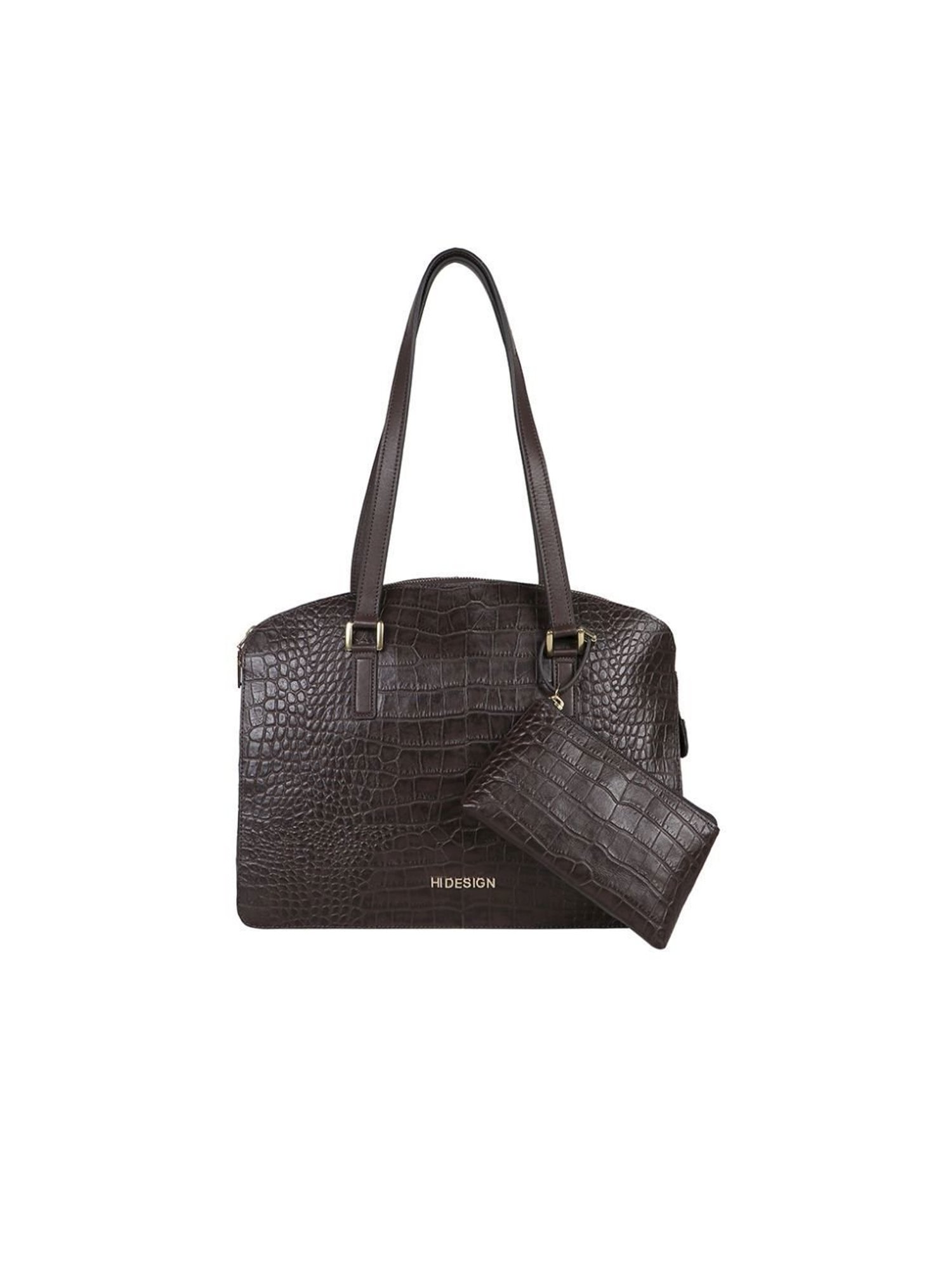 Hidesign Freedom Brown Textured Medium Tote Handbag With Pouch