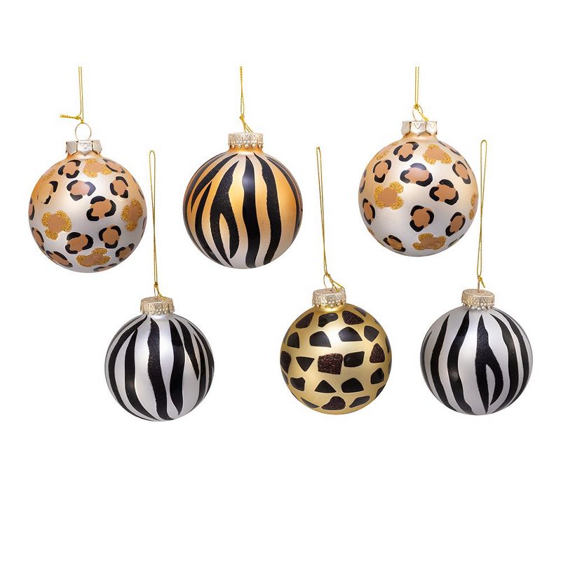 Kurt Adler 80MM Gold, Silver and Black Animal Glass Ball Ornaments, 6 Piece Box