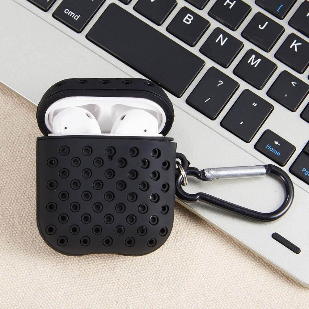 Redshield Compatible for Apple Airpods Sporty Style 2 Tone Soft Silicone CASE with Breathable Holes and Carabiner Black & Black
