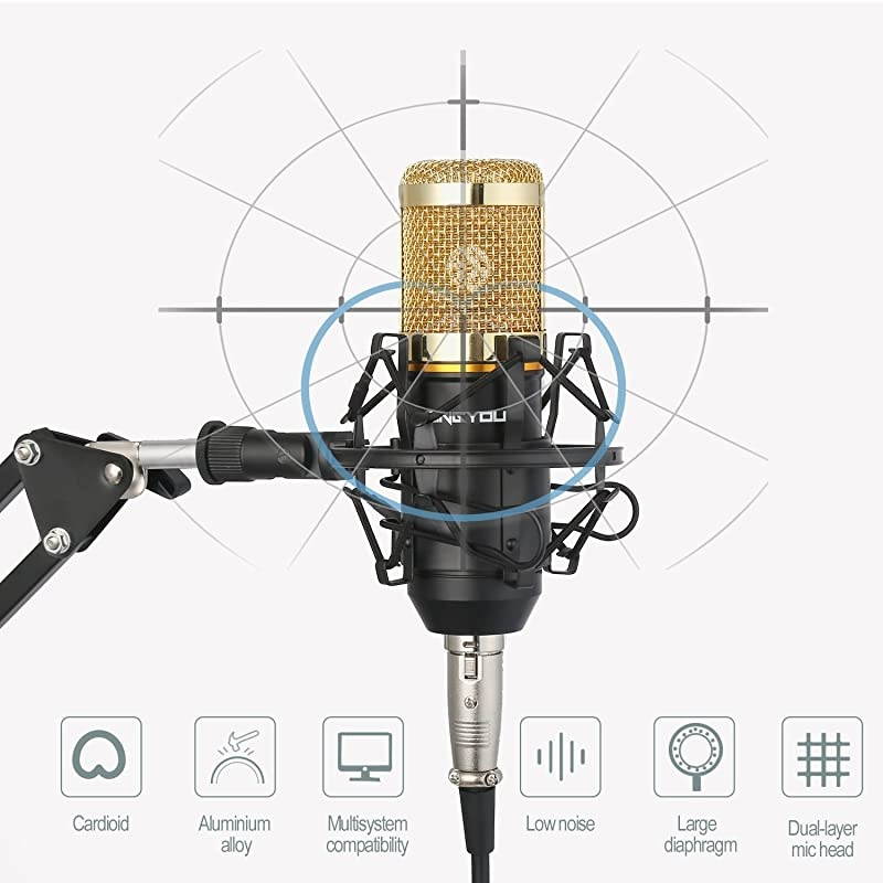Condenser Microphone Bundle BM800 Mic Kit with Adjustable Mic Suspension Scissor Arm Metal Shock Mount and DoubleLayer Pop Filter for Studio Recording Broadcasting Gold