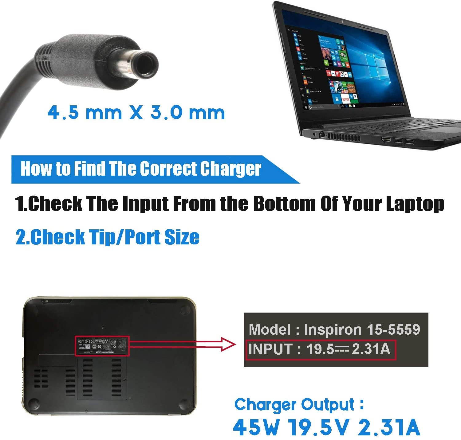 45W 19.5V 2.31A Laptop Charger Adapter for Dell Inspiron 15-5000 15-3000 13-7000 5551 5555 5558 5559 5565 5567 3551 3552 3565 3567 7347 7348 7352 7353 XPS13 9370 9360 9350 9343 L321X Power Supply Cord