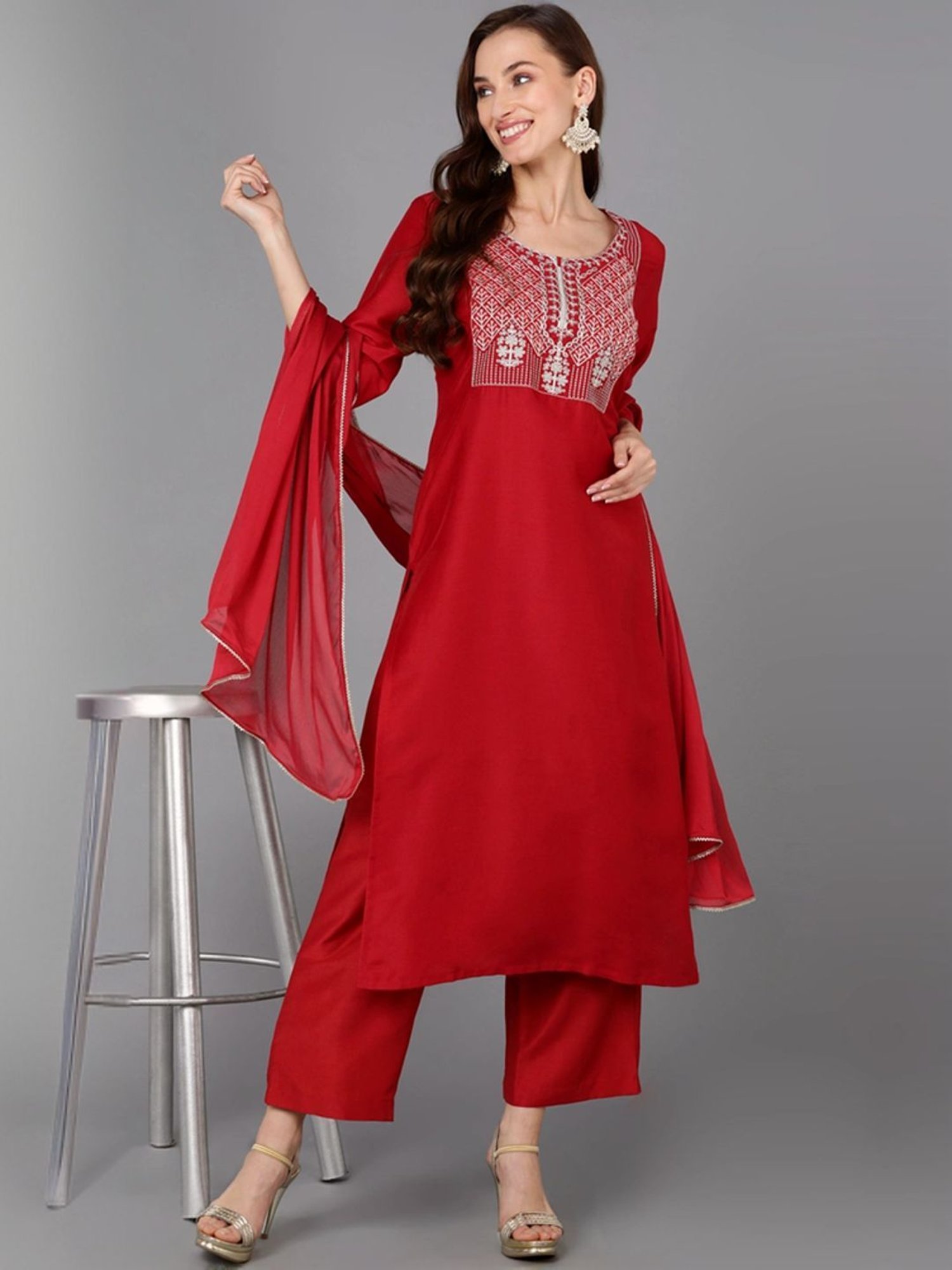 Vaamsi Red Embroidered Kurta Palazzo Set With Dupatta