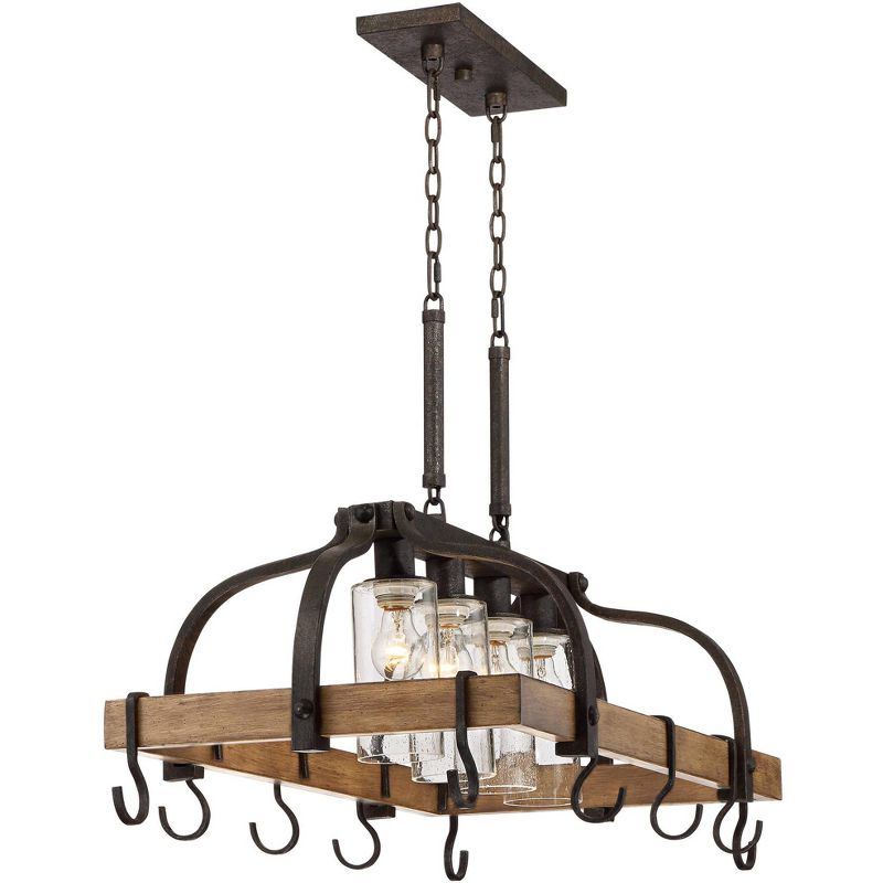 Franklin Iron Works Bronze Wood Pot Rack Linear Pendant Chandelier 36 1/2" Wide Rustic Farmhouse Seeded Glass 4-Light for Kitchen