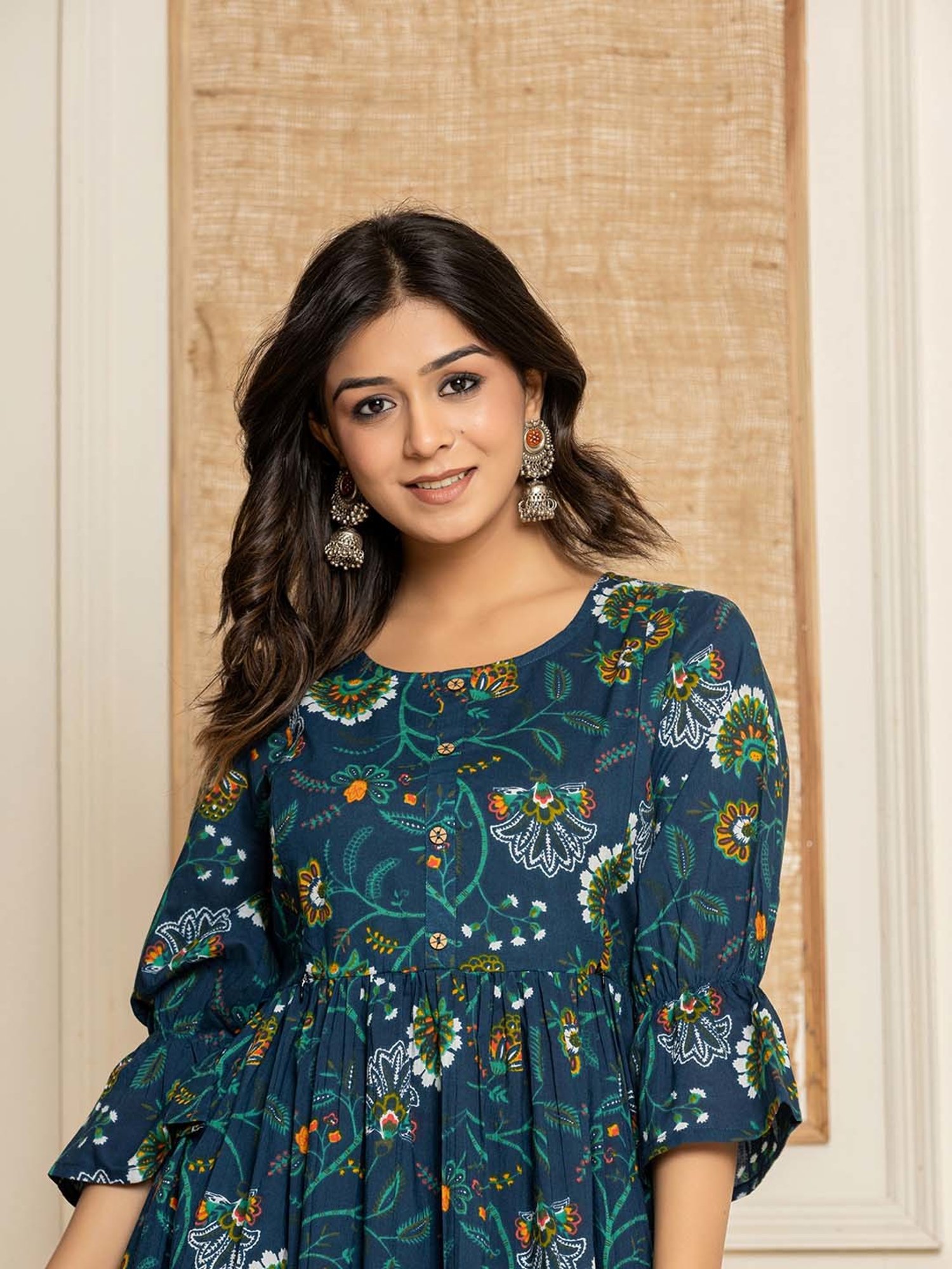 Yufta Blue Cotton Printed Kurti Pant Set