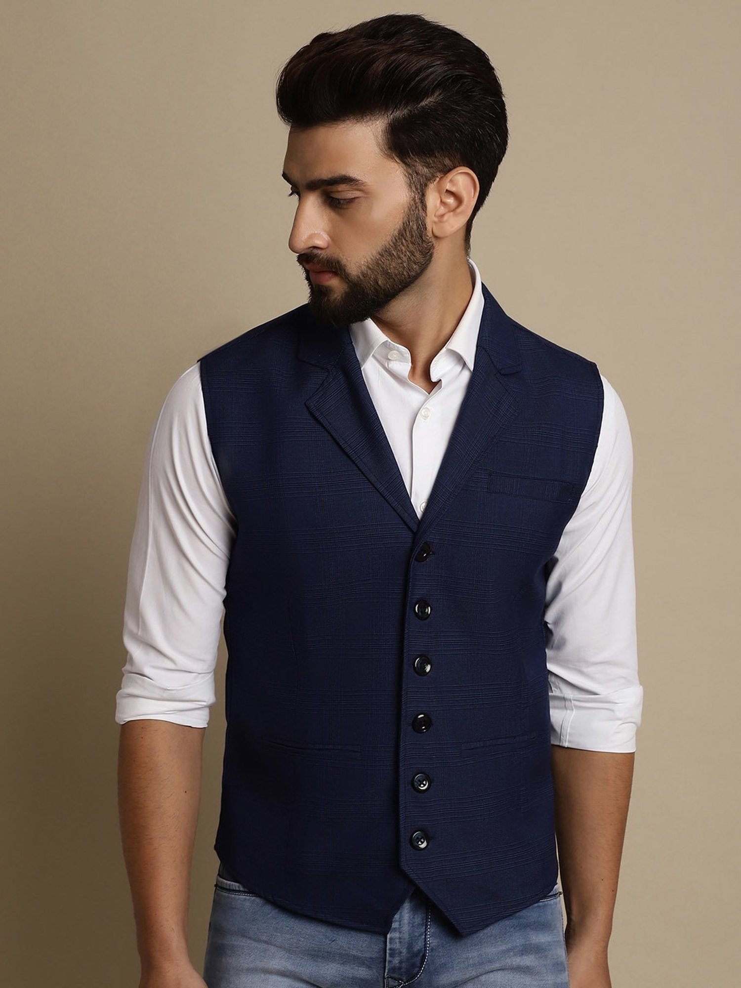 Even Blue Regular Fit Notch Lapel Check Waistcoat